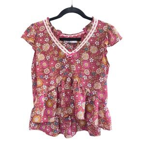 Floral Peplum Burgundy Lace Ribbon‎ V-Neck Blouse Small Dainty Coquette Festival